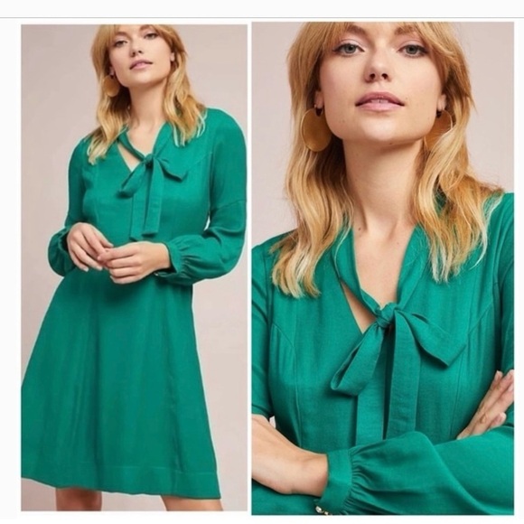 Anthropologie Green Moulinette Soeurs Gina Bow Tie Green Long Sleeve Dress Sz 6 - Picture 1 of 9